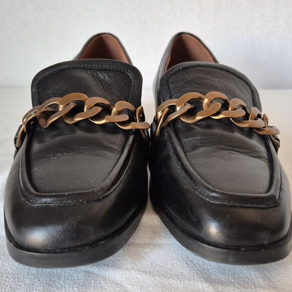 Vionic Mizelle Black Leather Loafer Comfort Arch Support Gold-Tone Chunky Chain - Picture 9 of 12